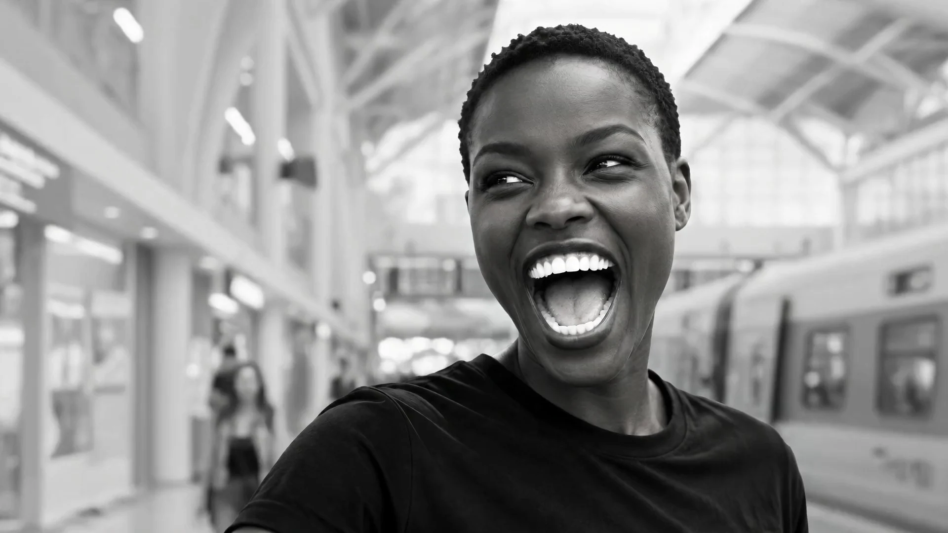 Portrait en noir et blanc d'une femme qui éclate de rire