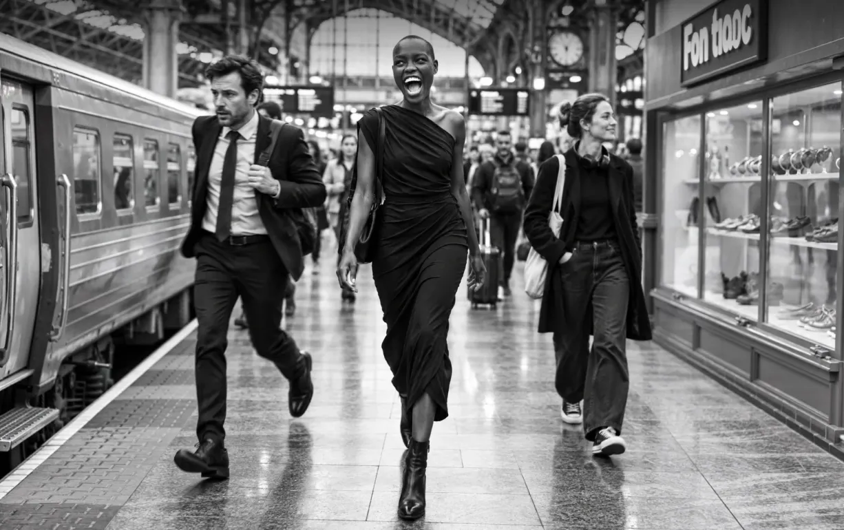 Une femme traverse un quai de gare en riant au milieu des voyageurs pressés